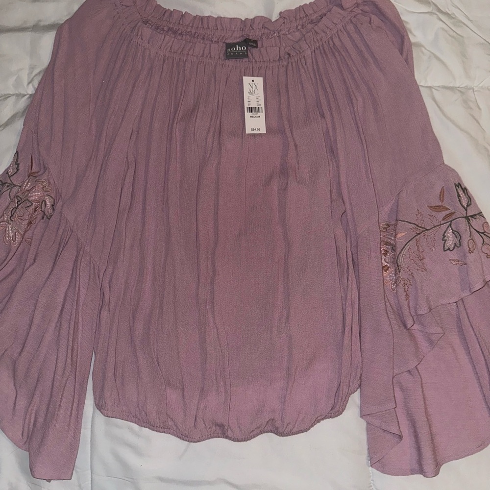New York & Company NWT Soho Purple Blouse Embroidered Ruffle Sleeves size M